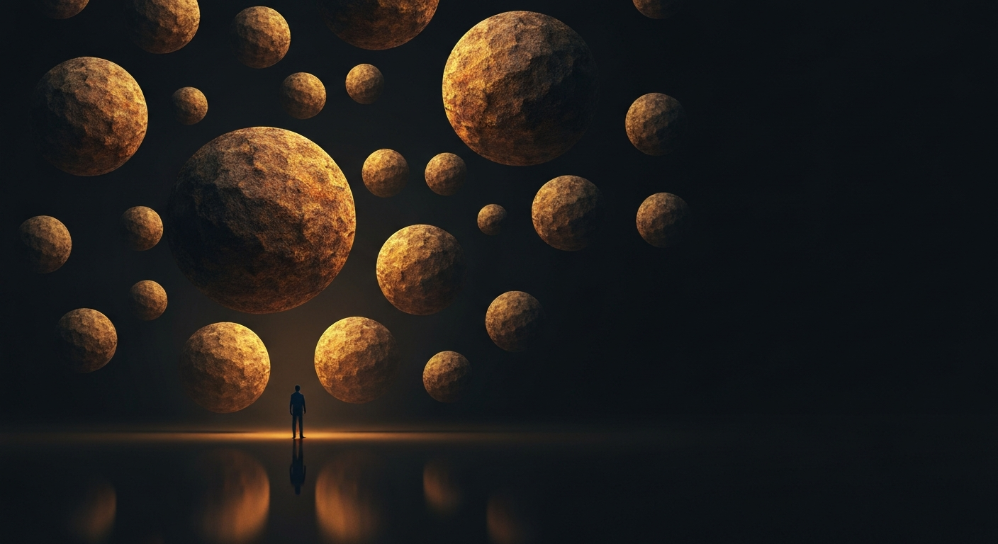 A small figure stands among massive self-illuminated stone spheres floating in dark space.