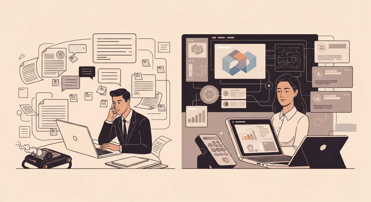 Editorial split illustration contrasting AI as a simple chatbot interaction with AI as a configured business capability